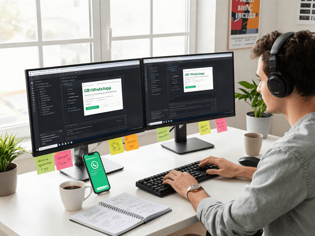 Developer creating GB WhatsApp in a vibrant tech workspace with dual monitors and coding materials.