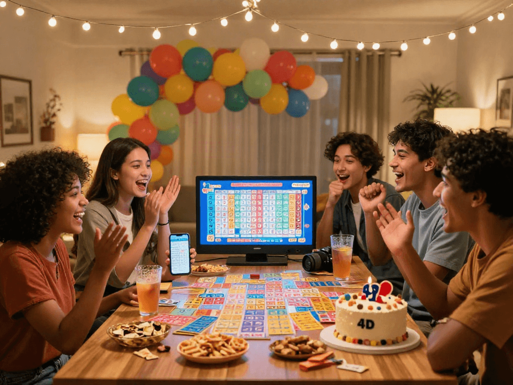 Toto 4D game night scene with friends celebrating, displaying colorful tickets and live results, creating an exciting atmosphere.