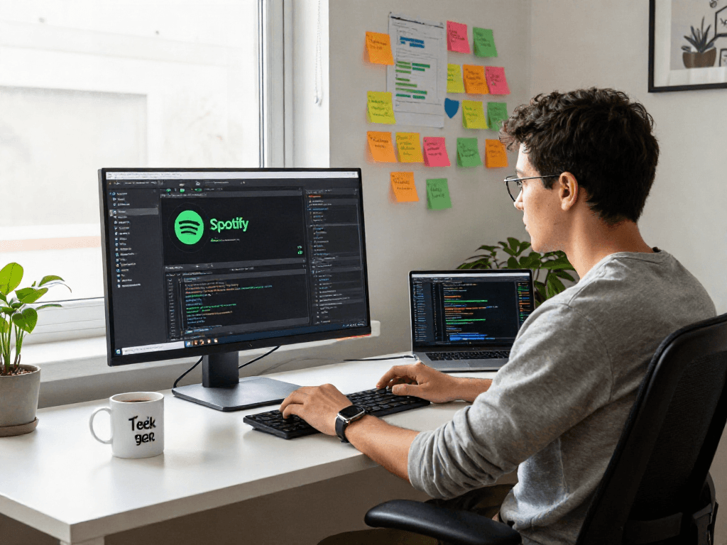 Discovering spotify mod features in a vibrant coding workspace with a developer engaged in app design.