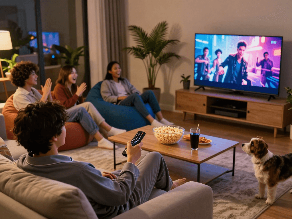 Cozy movie night scene showcasing pikashow streaming experience with friends in a modern living room.