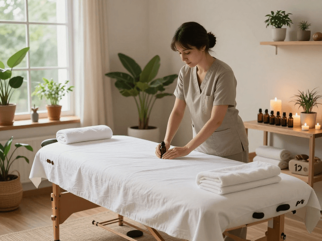 Relaxing 영등포출장마사지 therapy setting with essential oils and a tranquil atmosphere.