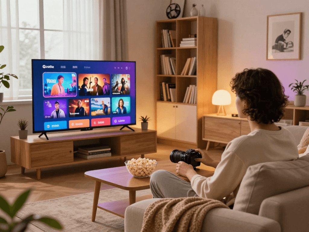 Cocoflix streaming experience in a cozy living room with smart TV and popcorn.