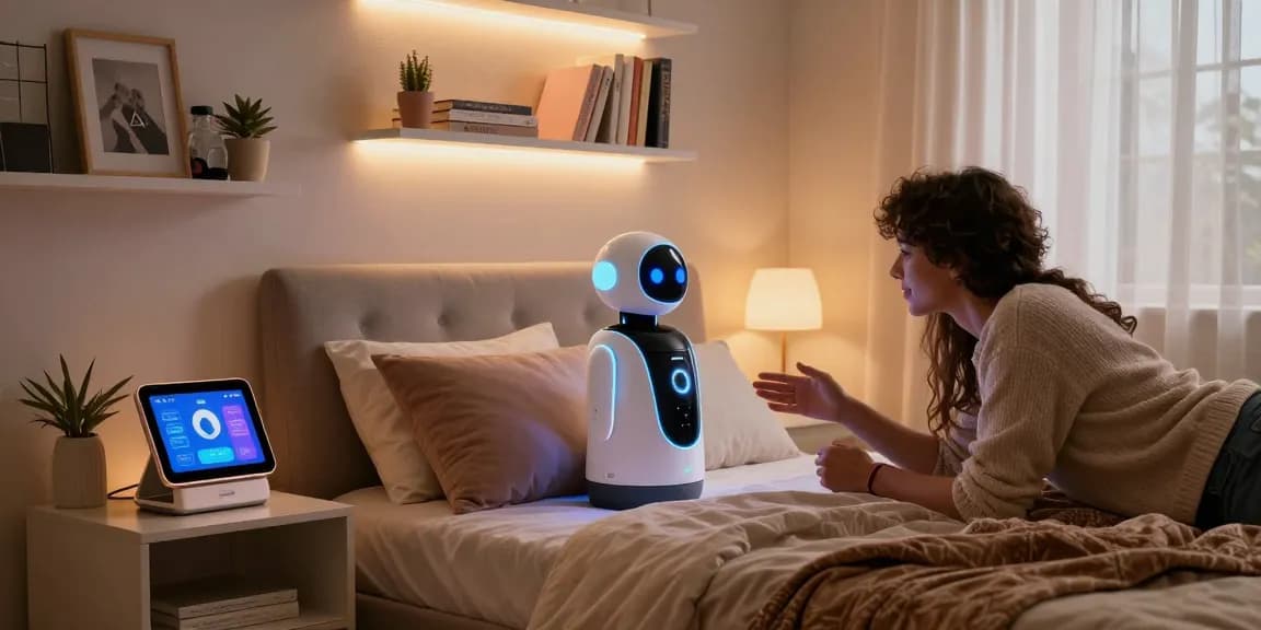 Engaging couple interacting with a sex bot in a cozy bedroom setting.