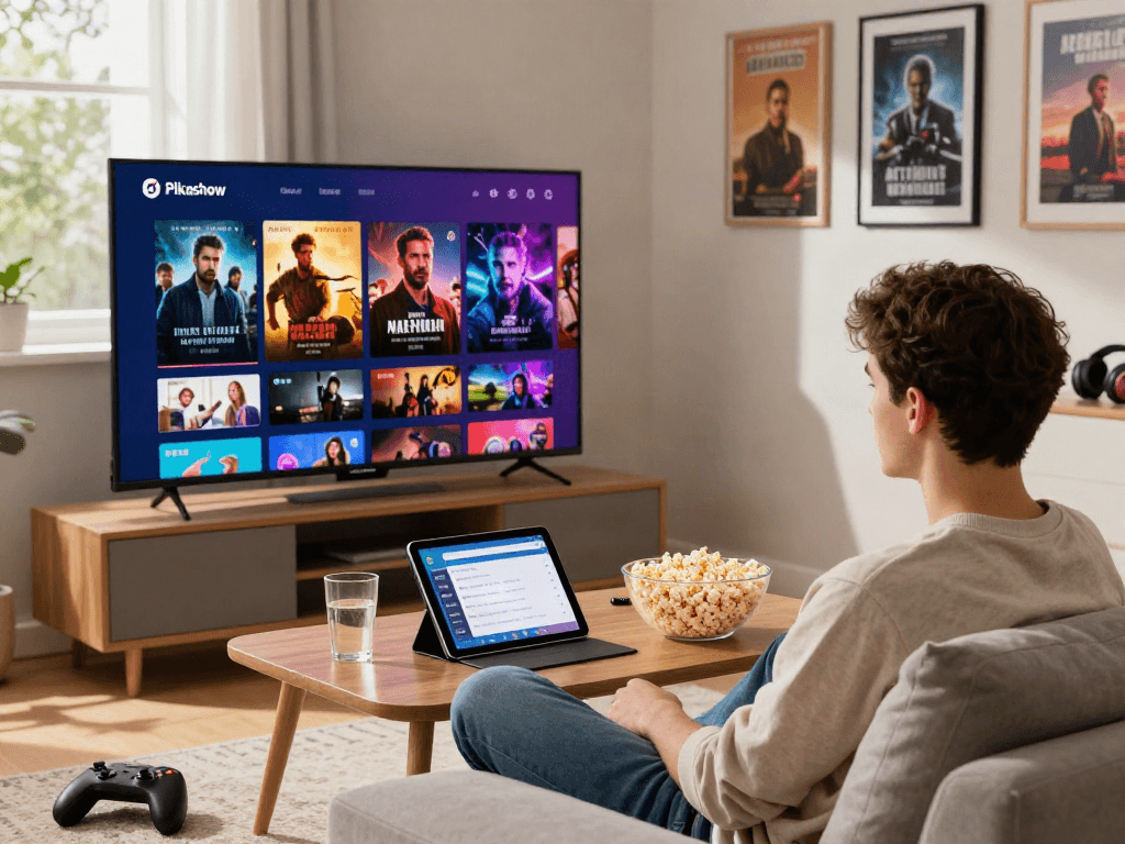 Pikashow APK streaming experience on a smart TV in a cozy living room with vibrant movie displays, popcorn, and engaging layouts.