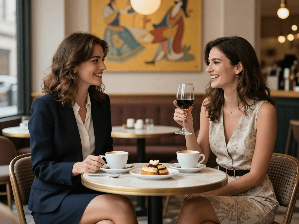 Gái gọi và người phụ nữ trò chuyện vui vẻ tại quán cà phê sang trọng.