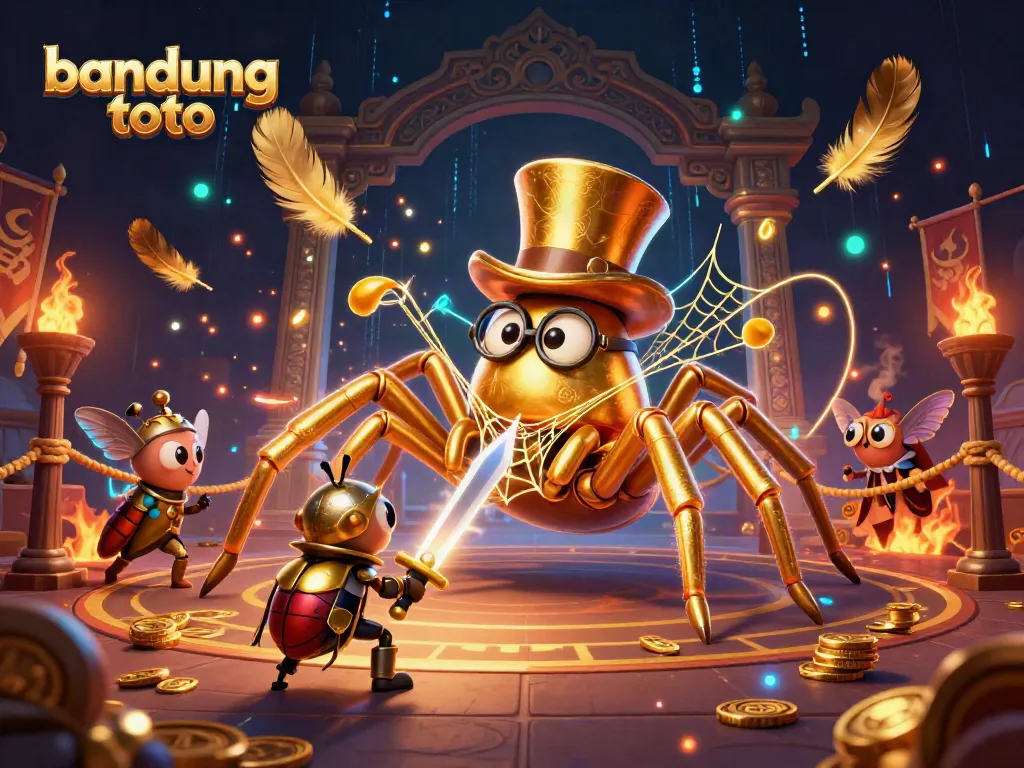 Engaging scene of a brave beetle knight challenging a golden tarantula at bandung toto casino.