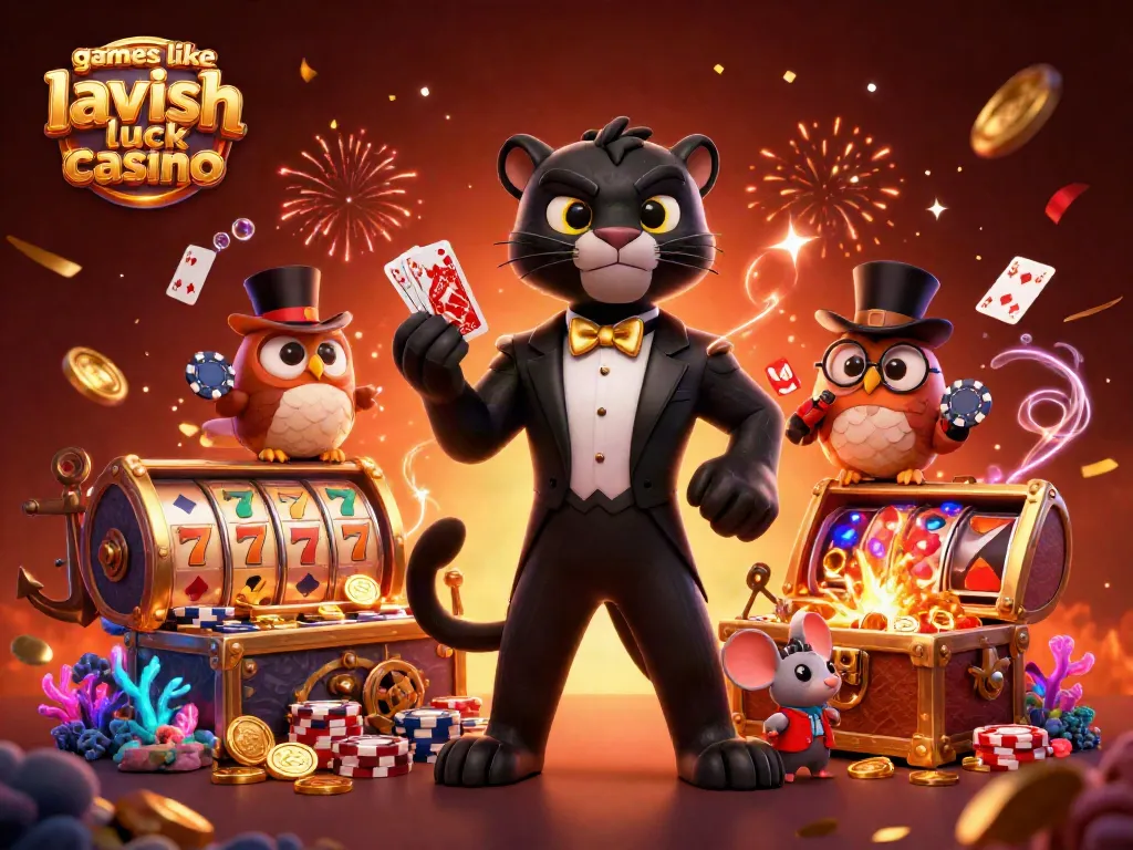 Experience the excitement of games like lavish luck casino with playful characters and vibrant casino elements
