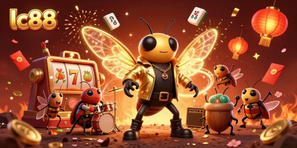 Play slots with lc88 featuring a vibrant cicada rockstar and festive casino elements.