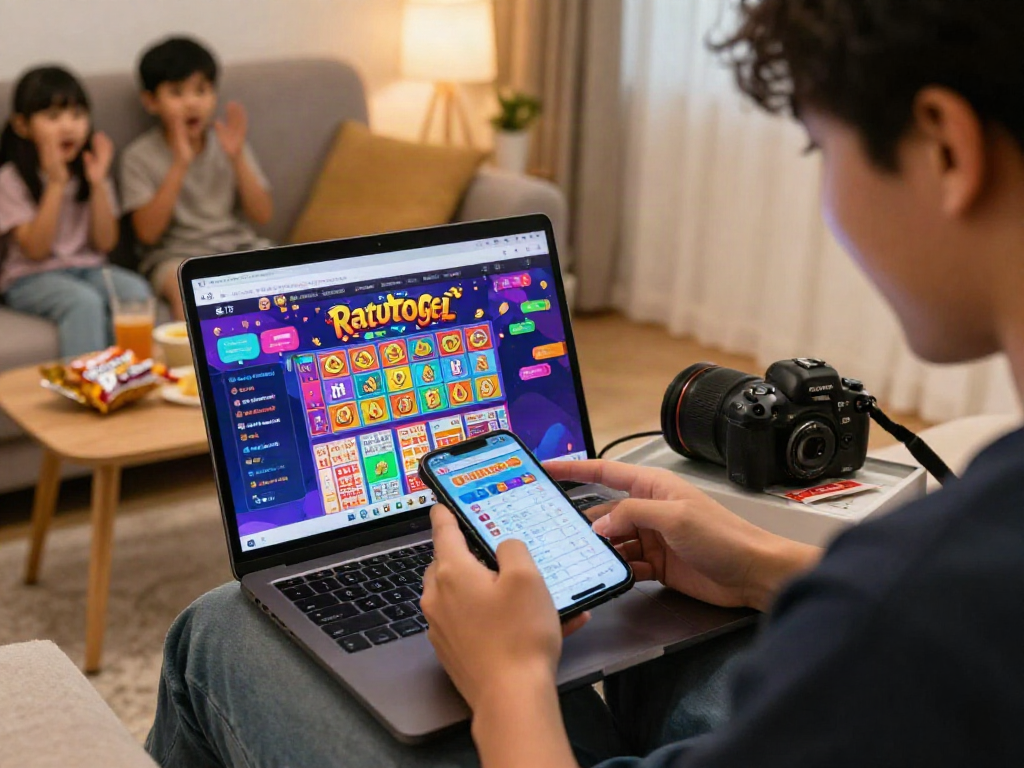 Menampilkan suasana judi online dengan seseorang memeriksa hasil ratutogel di smartphone sambil merayakan kemenangan.