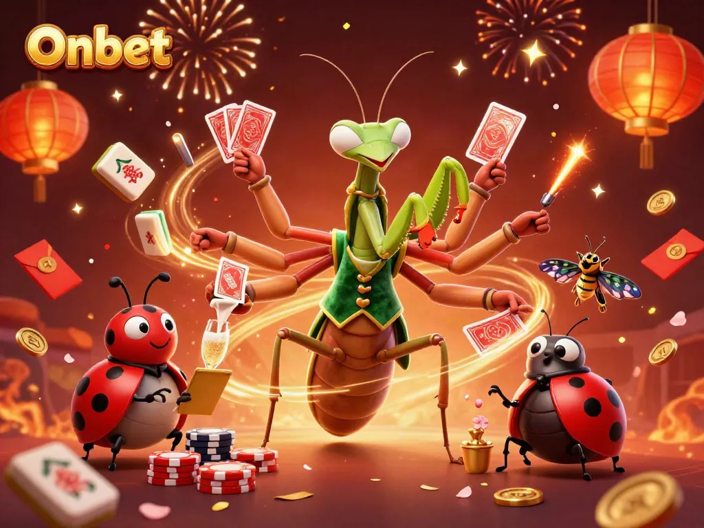 Engage in Onbet's vibrant casino scene with a giant mantis card sharp dealing cards amid festive elements.
