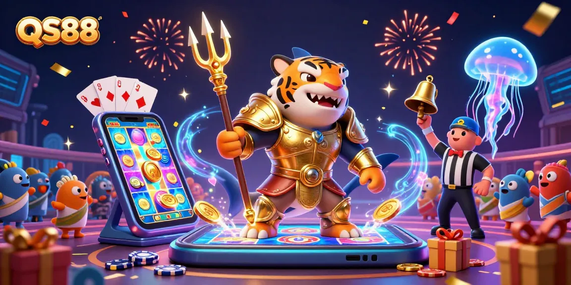 Experience the excitement of QS88's vibrant gaming scene with a dynamic shark gladiator and thrilling casino elements.