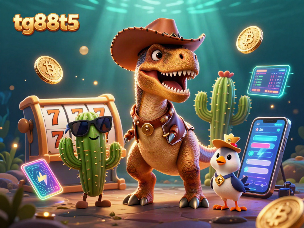 Experience thrilling moments with tg88t5 as a cowboy T-Rex and casino elements combine.