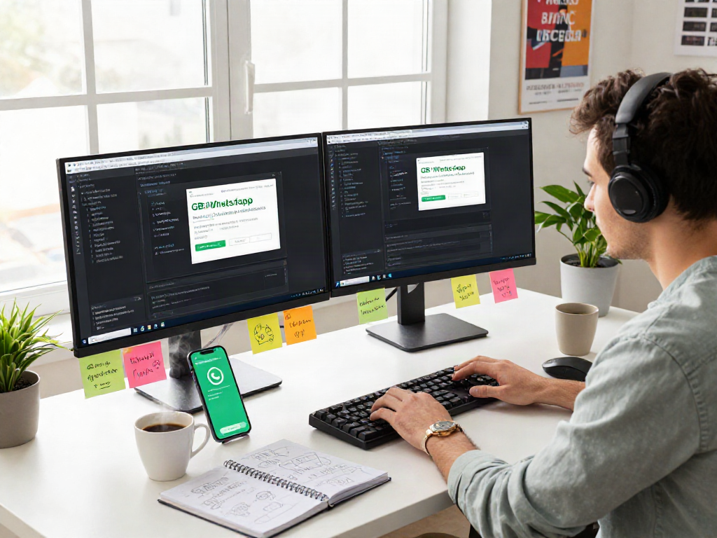 Developer creating GB WhatsApp in a vibrant tech workspace with dual monitors and coding materials.