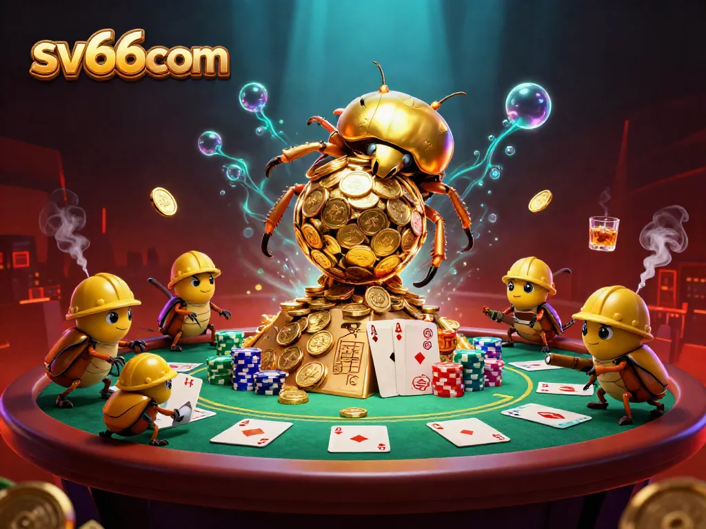 Engage with sv66 com through a dynamic casino-themed illustration featuring golden beetles and poker elements.