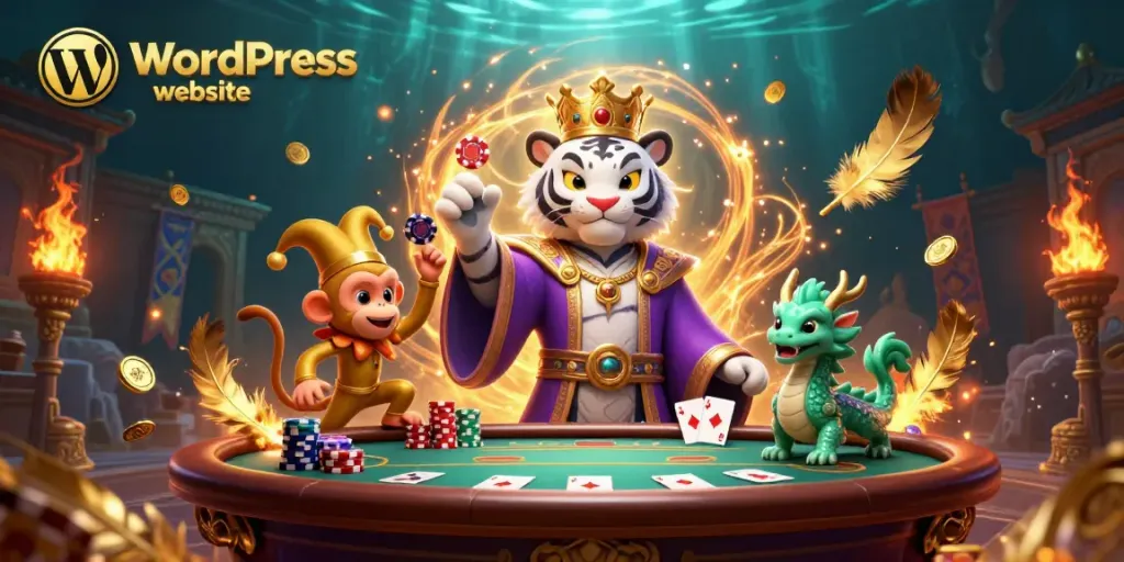 Engaging scene showcasing a WordPress website themed around casino games with a tiger, monkey, and dragon.