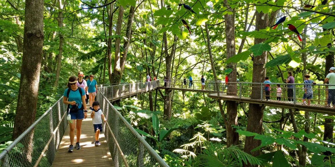 Treetop Walkway offering stunning views as visitors explore the forest canopy amidst vibrant greenery.