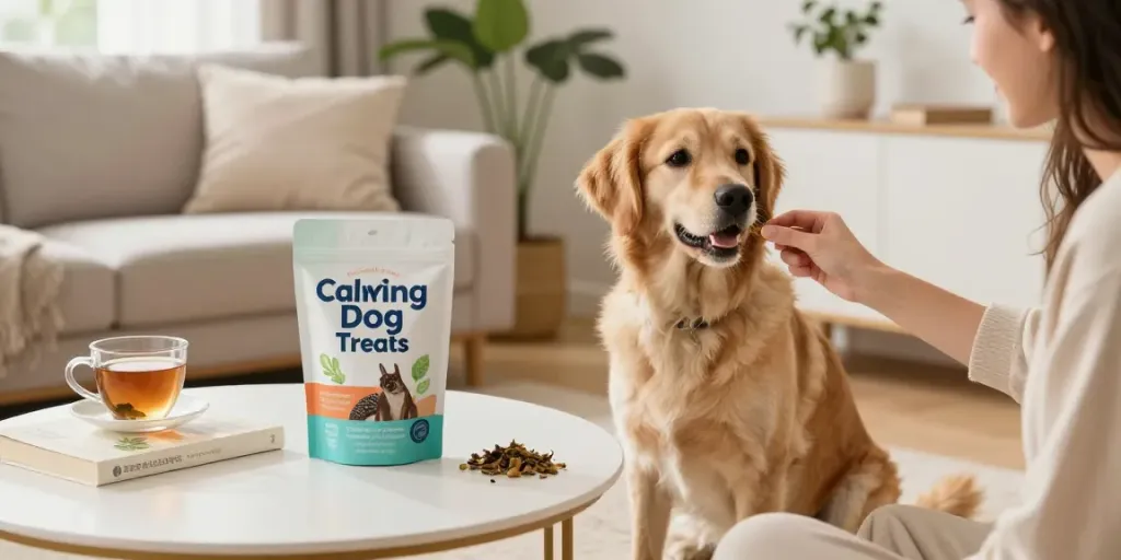 Calming Dog Treats being given to a relaxed dog in a cozy home setting, promoting natural wellness.