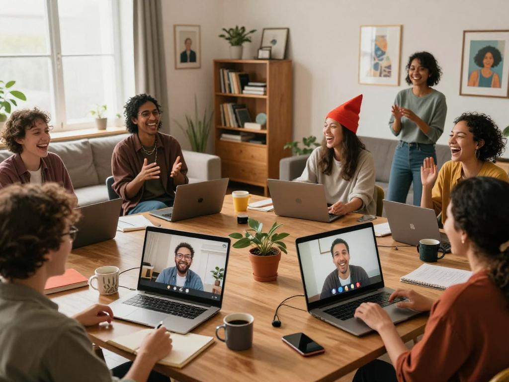 Engaged learners in beginner improv classes online enjoying interactive video call, showcasing creativity and spontaneity.