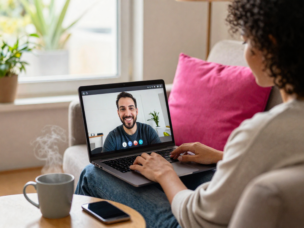 Engaging in pink video chat on a laptop, showcasing real-time connection with a smiling partner.