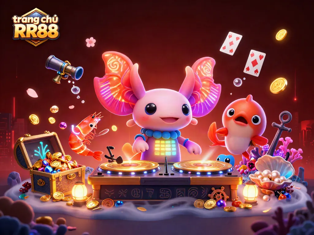 Experience the thrill of gambling at trang chủ RR88 with a vibrant underwater casino scene featuring a neon-colored axolotl DJ.