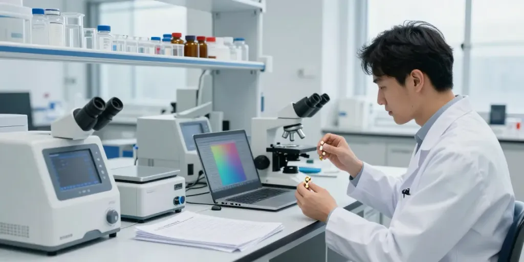 Researcher studying 5-AMINO-1MQ capsules in a modern lab setting, representing tesamorelin amino club.