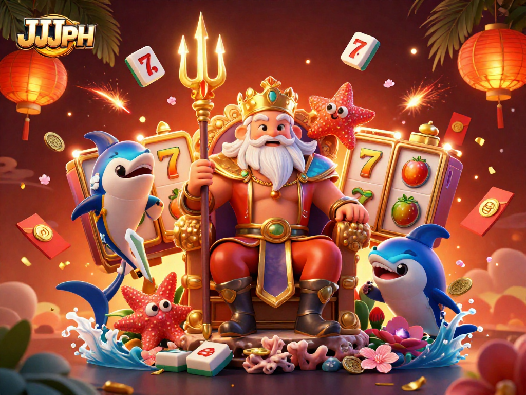 Play slots at JJJPH and win big with a vibrant casino scene featuring king Neptune and exciting game elements.