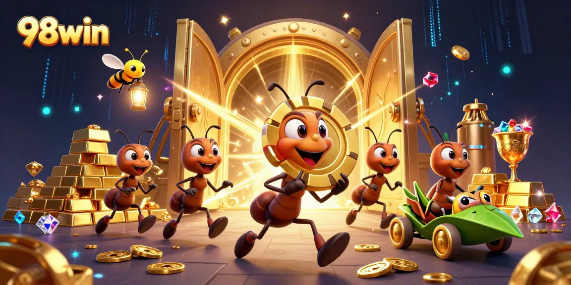 Experience thrilling heists in 98win with cartoon ants and dazzling casino treasures.