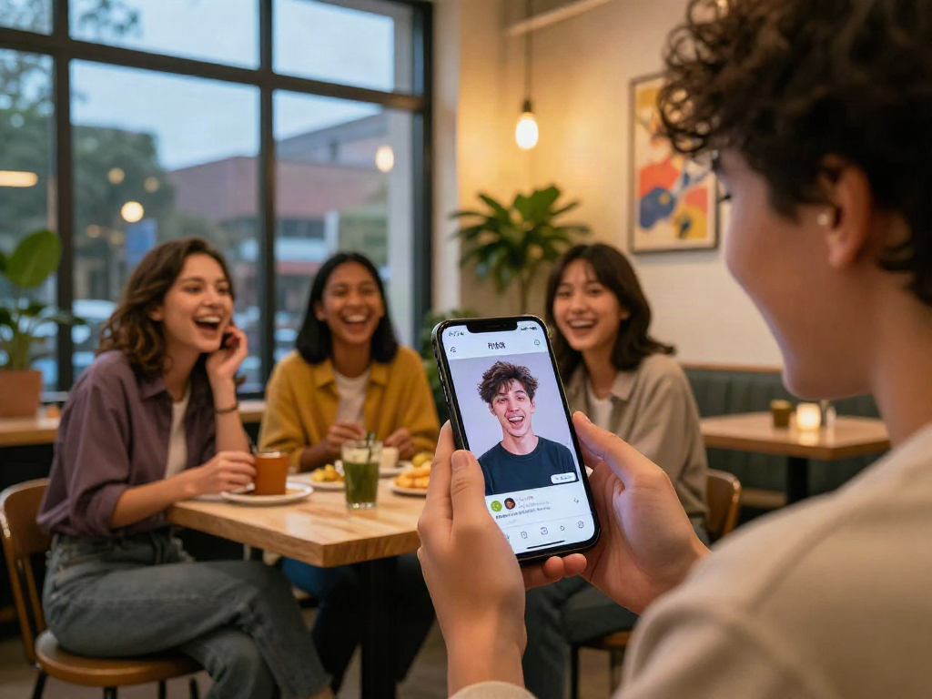 Find your celebrity i look like using a smartphone app in a lively cafe.