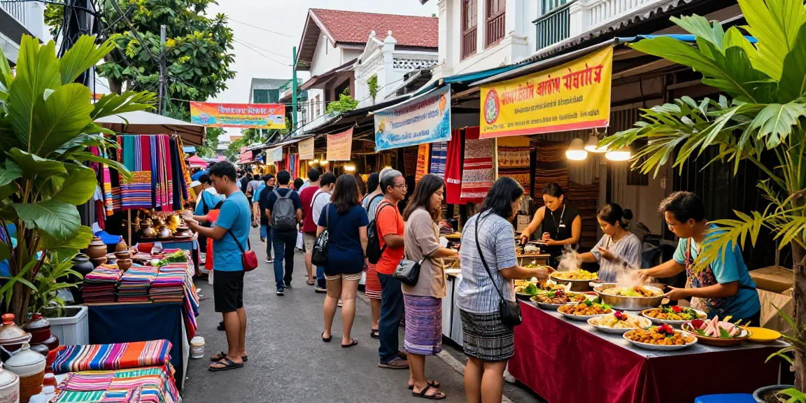 Nyonya4d vibrant street market with colorful fabrics, local vendors, and traditional dishes.