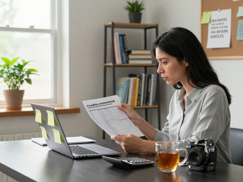 Focused woman reviewing credit consolidation documents in a bright home office, showcasing a proactive approach to financial planning.