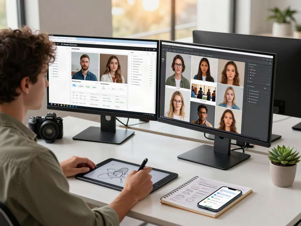 Data analyst using AI Image Detector to analyze AI-generated visuals in a modern tech workspace.