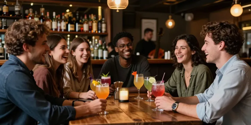 Pengunjung menikmati suasana Happy Hour di The Keg Room NYC dengan minuman khas.
