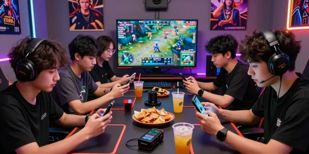 Pengalaman bermain RUSUNTOTO dengan kerumunan gamer yang antusias menikmati permainan slot gacor di smartphone mereka.