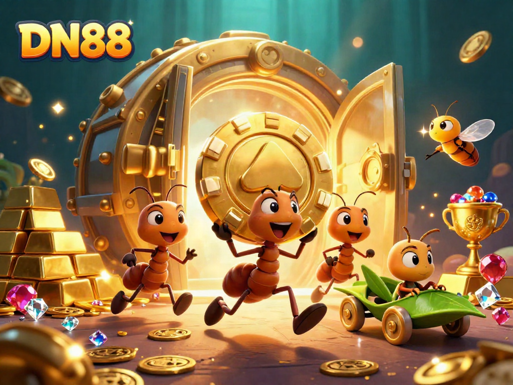 Engage with DN88 as ants execute a heist with a golden poker chip, surrounded by glittering treasures.
