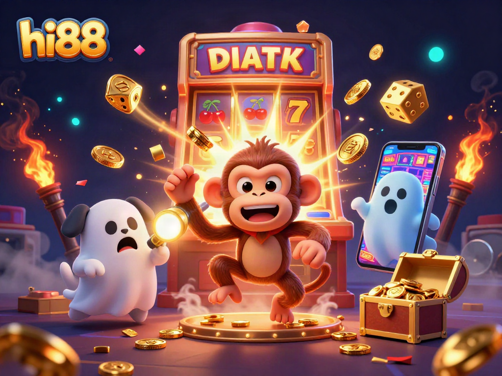 Experience thrilling wins at hi88 Casino, featuring a playful monkey and excited puppy in a virtual gaming adventure.