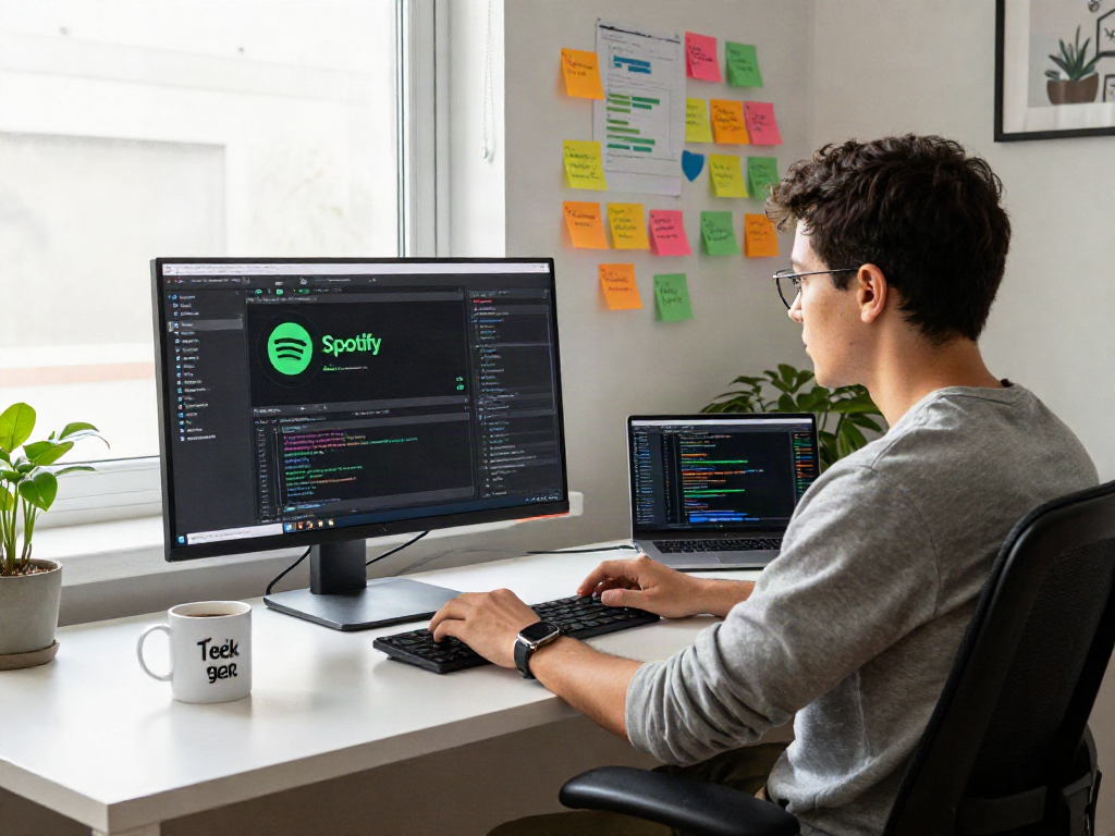 Discovering spotify mod features in a vibrant coding workspace with a developer engaged in app design.