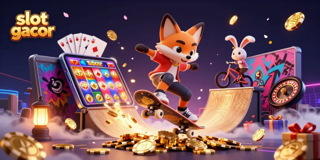 Experience excitement with slot gacor gameplay and vibrant casino symbols in a lively 3D scene.