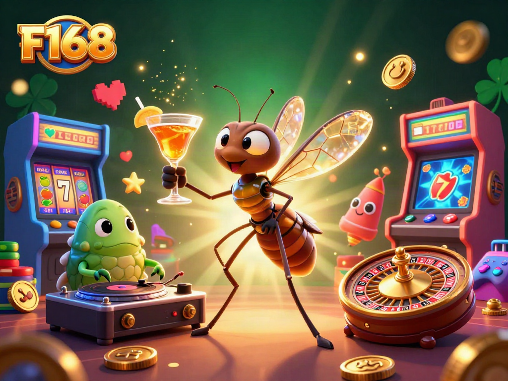 Experience excitement with F168 as a casino mascot, trilobite DJ, and roulette wheel in vibrant 3D illustration.