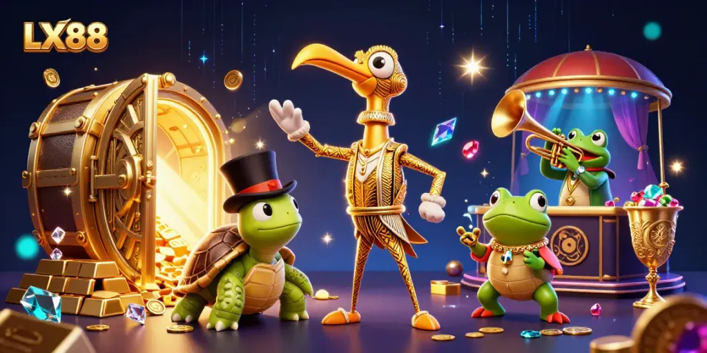 LX88 showcases a lively speakeasy scene with vibrant casino elements and playful characters.