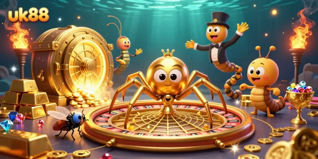 Experience the thrill of betting at uk88 with a golden roulette wheel and vibrant casino elements.