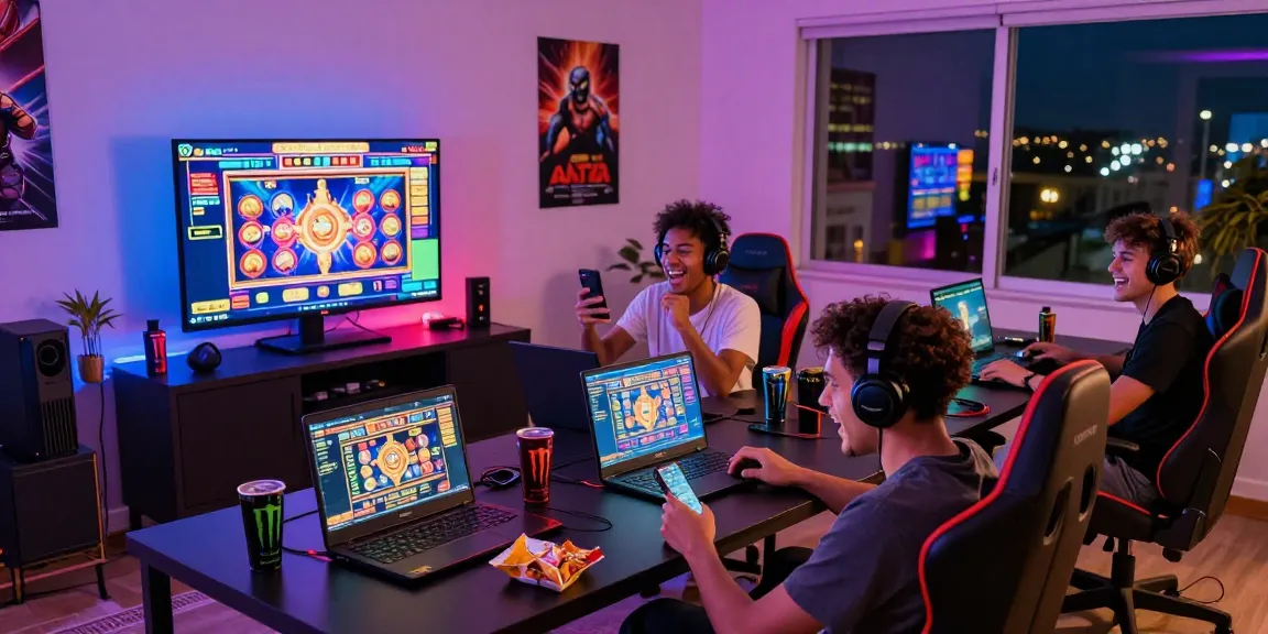Gamers enjoying situs slot games in a lively home gaming setup, reflecting excitement and community.