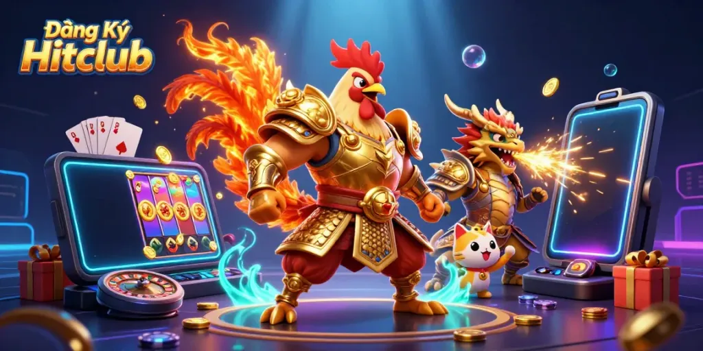 Engage in the exciting world of Đăng Ký Hitclub with a vibrant 3D illustration featuring a warrior rooster and dragon.