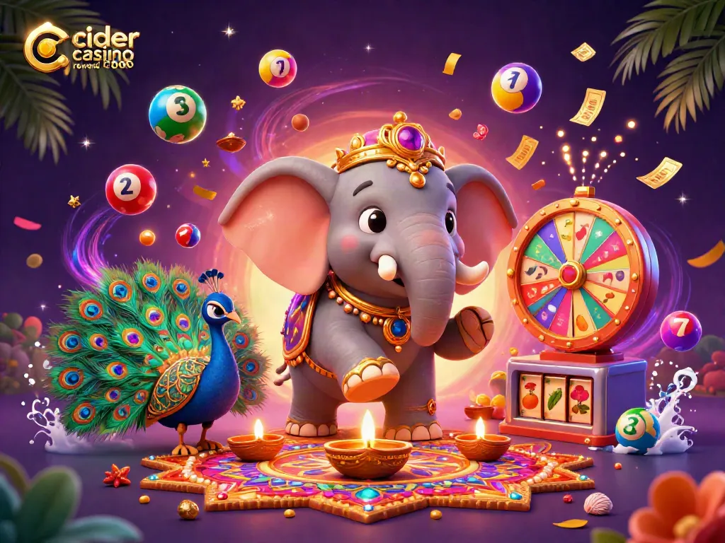 Cider casino reward code prominently featured alongside a vibrant 3D illustration of a Diwali-themed casino scene bursting with engaging gaming elements.