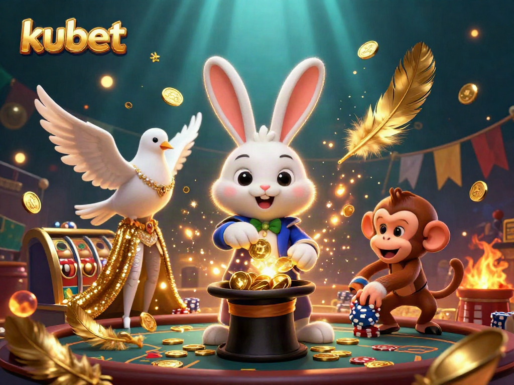 Kubet invites gamblers to win with an exciting scene of a magician rabbit and casino elements.