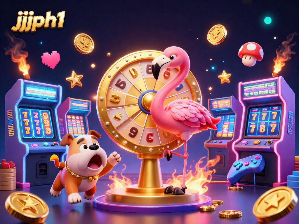Spin the jjjph1 prize wheel with a flamingo host, bulldog contestant, and scoring cat amidst colorful casino elements.