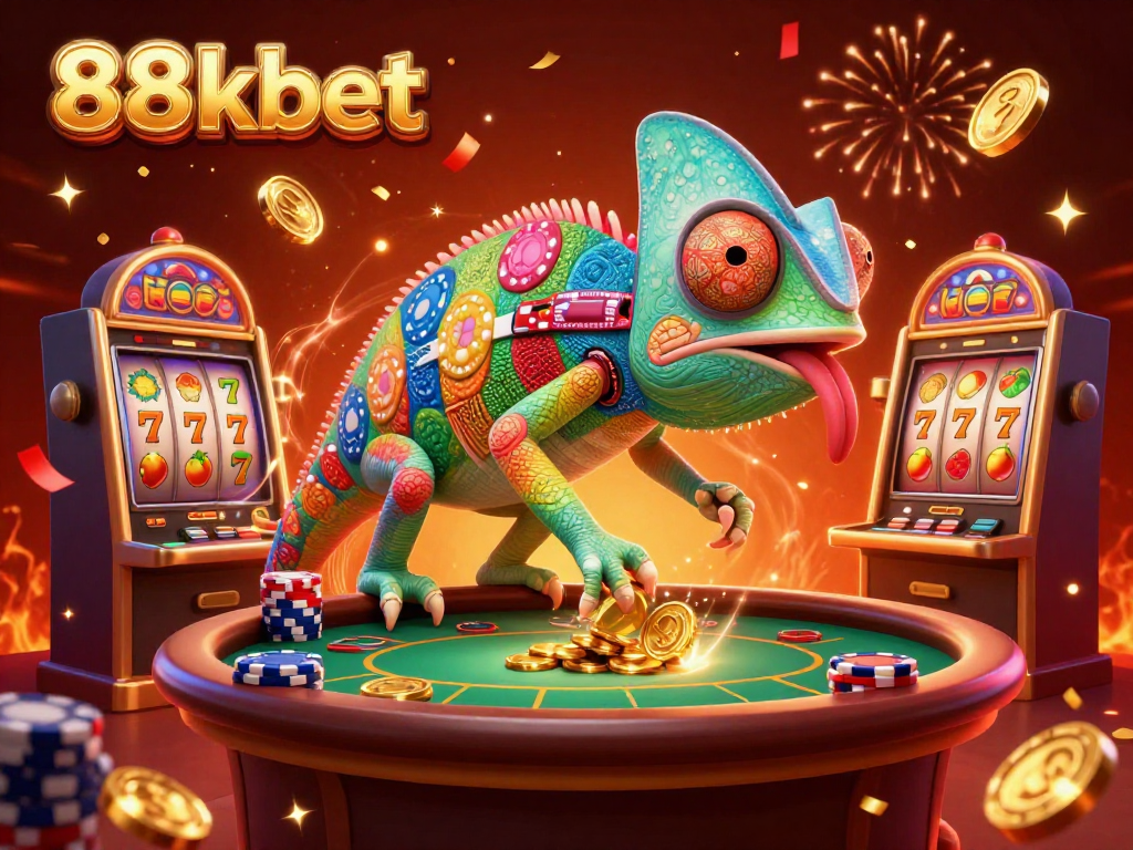 Try your luck at 88kbet with vibrant slot machines and festive casino elements swirling around