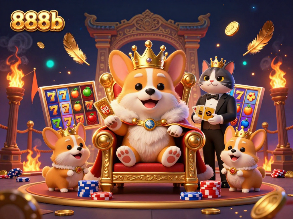Engage with 888b's vibrant slots scene featuring a royal corgi, golden chips, and dynamic game elements.