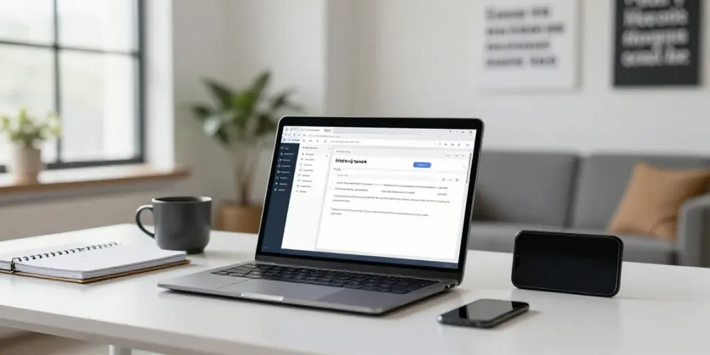 Business professional creating AI generated follow up emails at a modern office desk.