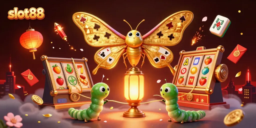 Experience exhilarating wins with slot88 featuring vibrant casino scenes and ornate moth illustrations.