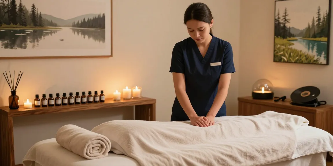 A calming massage therapy room ready for 강동구출장안마, featuring aromatherapy oils, soft linens, and tranquil lighting for relaxation.